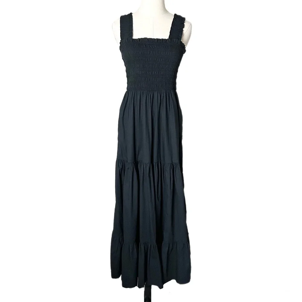 Abercrombie & Fitch Smocked Bodice Easy Maxi Dress Black Tiered Ruffle Medium